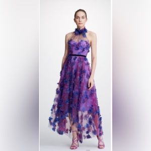 Marchesa Notte purple halter look, hi-low 3d floral.